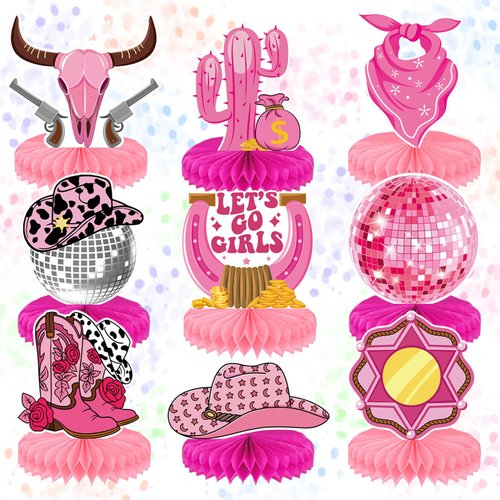 IADIUENOG Cowgirl Honeycomb Centerpieces Western Rodeo Birthday Party Let's Go Girls Centerpiece for Tables 9pcs Disco Cowgirl Bachelorette Party Toppers Party Supplies