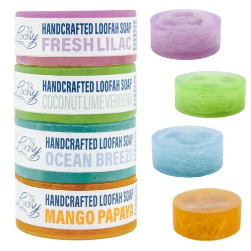 Glycerin Soap Bar Rounds Natural Loofah, Handmade Soap, Made in The USA, for Exfoliating Body Wash, 4 Pack(Fresh Lilac, Coconut Lime Verbena, Ocean Breeze, Mango)