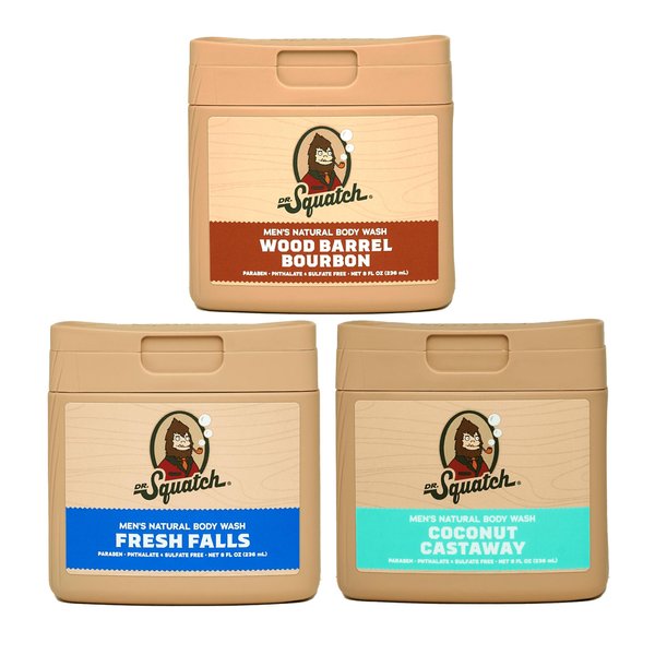 Dr. Squatch Natural Body Wash for Men - Non-Exfoliating - Wood Barrel Bourbon + Fresh Falls + Coconut Castaway (8 oz, 3 Pack)