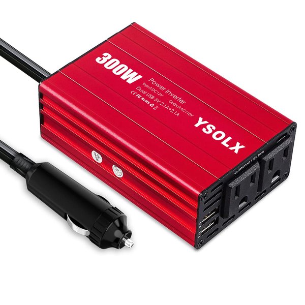 300W Car Power Inverter, DC 12V to 110V AC Converter, 4.2A Dual USB Ports, 2×AC Outlet，Car Charger with Plug Outlet for Laptop