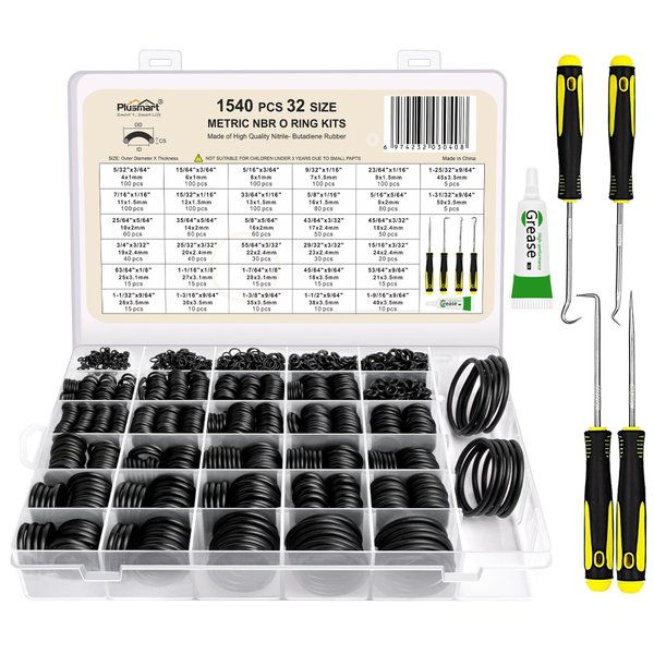 O Ring Kit, 1540 Pcs Rubber O-Ring Assortment Kit, Plusmart 32 Sizes Washer Gasket Set for Pressure Washer, Plumbing Sealing Repair, Air or Gas Connections, Resist Oil and Heat, 4 Tools & 1 Lube Paste