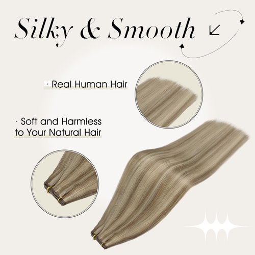 Full Shine Genius Weft Hair Extensions Sew In Hair Extensions Real Human Hair Color Light Brown Highlight Platinum Blonde Hair Weft Invisible Highlight Sew In Extension Blonde Hair 50G 18 Inch