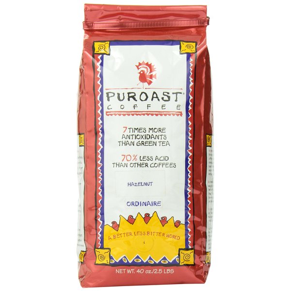 Puroast Low Acid Coffee , Whole Bean , Hazelnut , Medium Roast , Certified Low Acid Coffee , pH 5.5+ , Gut Health , 2.2 LB , Higher Antioxidant , Smooth for Cold Brew & Iced Coffee , Flavored Coffee
