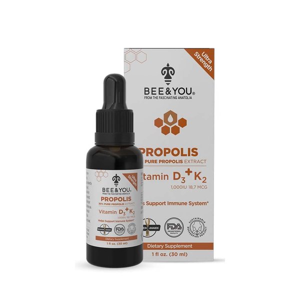 BEE and You, 100% Natural Pure Propolis Extract, Vitamin D3 K2, Water Soluble Drops, High Potency, Immune Support Supplement, Antioxidants, Natural Detox, Keto, Paleo, Gluten-Free, 1 Fl Oz