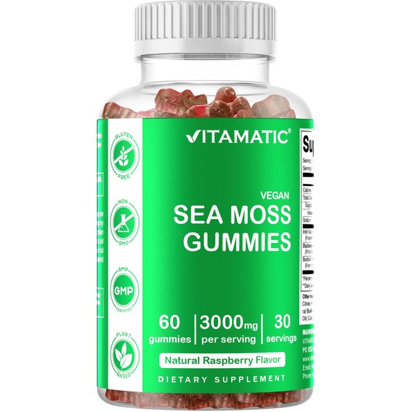 Vitamatic Irish Sea Moss Gummies - 3000 mg - 60 Vegan Gummies - Made with Bladderwrack & Burdock Root - Seamoss Supplement for Thyroid, Energy, Immune Support