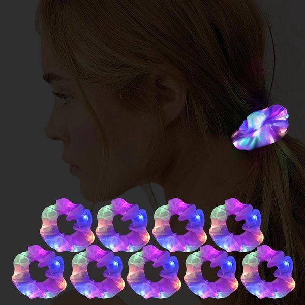 9 Pcs LED Light Up Hair Scrunchies for Women Girls,Purple Led Hair Tie 3 Light Modes, Light Glow Scrunchy Satin Elastic Bands Ponytail Holder Glow in the Dark Hair Accessories Neon Rave party supplies