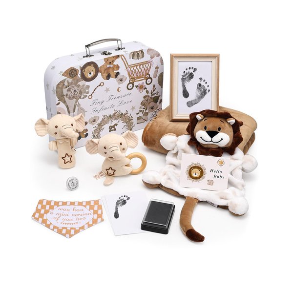 Lictin Baby Gift Set for Boys Girls, Baby Shower Gifts, Neutral Newborn Gifts Basket with Baby Blanket, Wooden Monthly Milestone Cards, Elephant Security Blanket, Rattle Socks and Wrist (Brown)