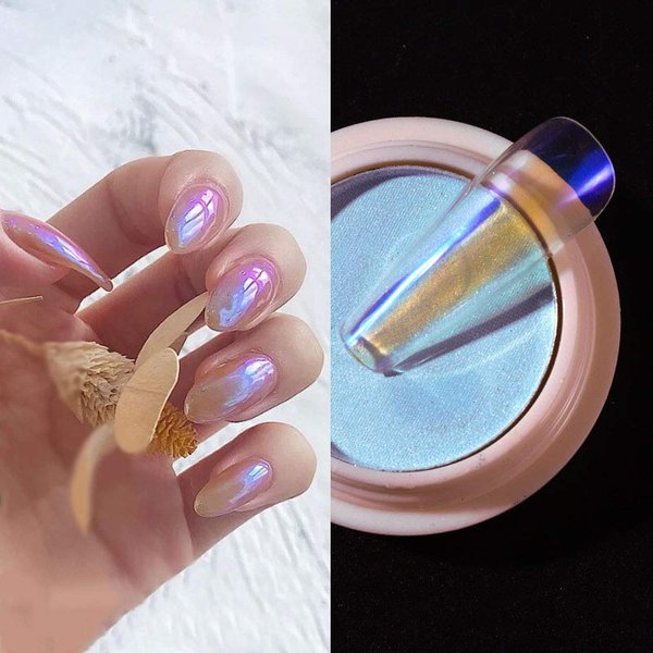 Solid Aurora Chrome Nail Powder Aurora Iridescent Nail Powder Multi Mirror Effect Mermaid Neon Laser Transparent Powder Manicure Fairy Dust Nail Art,Iridescent Fairy Shell Nail Glitter Powder,0.8g