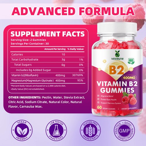 VCCHUYH Vitamin B2 Gummies for Kids & Adults, VIT B2 Riboflavin 400mg Supplement with Magnesium for Migraine Relief & Nervous System Support, Non-GMO, Vegan, Raspberry Flavor 120 Count