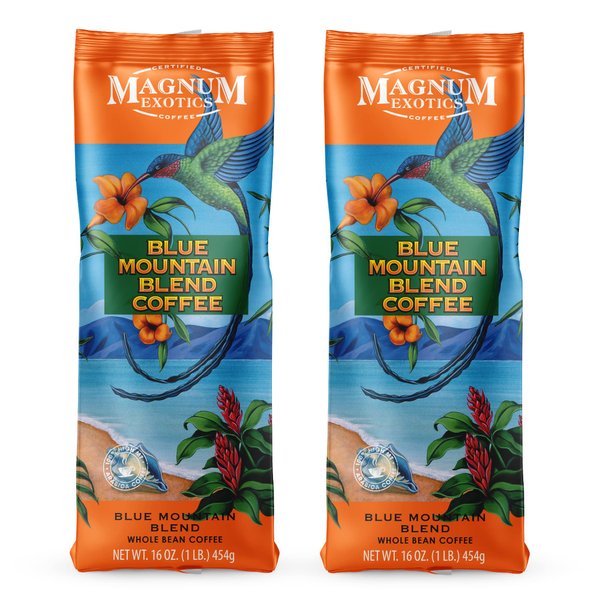 Magnum Exotics Coffee Blue Mountain Coffee Blend - Medium-Light Roast, Whole Bean Coffee, Made from 100% Arabica Bean Coffee, Rich & Smooth Flavor, Fresh Roast - Blue Mountain Blend, 1 Lb (Pack of 2)