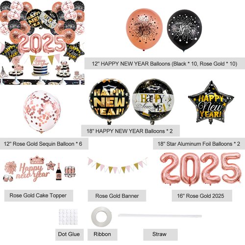 New Years Eve Party Supplies 2025 Set of 42, Happy New Year Decorations 2025 Balloons 12 Inch/18 Inch, Happy New Year Banner, 12 Inch Confetti Balloons, Cupcake Topper, New Years Decorations 2025
