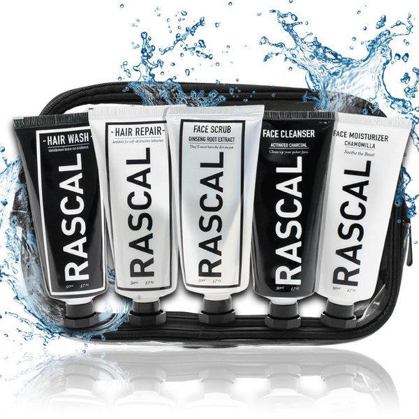 Rascal World Traveler Toiletry Set - Premium Men's Grooming & Travel Size Toiletries, Travel Toiletry Kit, TSA-Approved, Includes Face Cleanser, Scrub, Moisturizer, Shampoo, Conditioner - 1.7 Oz Each