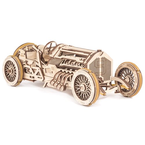 UGEARS U-9 Grand Prix Car Wooden Model (DIY Building Kit) Hand-Crank Powered Vehicle w/Working Pistons, Wheels, Shocks | Functional, Authentic Racing Design