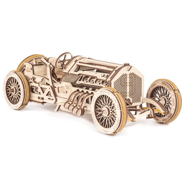 UGEARS U-9 Grand Prix Car Wooden Model (DIY Building Kit) Hand-Crank Powered Vehicle w/Working Pistons, Wheels, Shocks | Functional, Authentic Racing Design