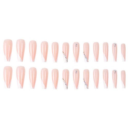 Enppode French Tip Press on Nails Long Stick on Nails White Nails with Rhinestones Glossy Coffin Fake Nails