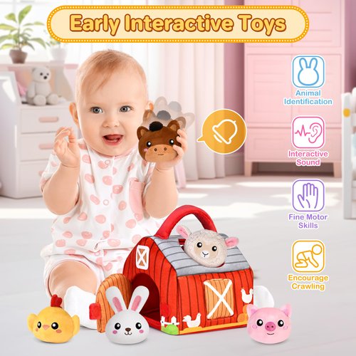 KMUYSL Baby Toys 0-6 6-12 Months, Plush Big Red Barn with Farm Animals, Soft Sensory Toys with Crinkle, Rattles for 0-3-6-9-12 Month Newborn Infant, Christmas Easter Birthday Gifts for Baby Boys Girls