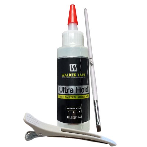 Ultra Hold Hair System Adhesive 4oz w/White Hair Clip & Brush Bundle Pack | Waterproof Invisible Long-Lasting | Front Bonding Weave Toupees Wigs Extensions Lace Wig Glue | Bold Hold Adhesive