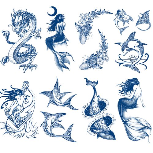 Semi-permanent Tattoos, 8-Sheet Plant-Based Ink Infinity Fake Shark Tattoo Stickers, 2 Weeks Long Last Waterproof Tattoos