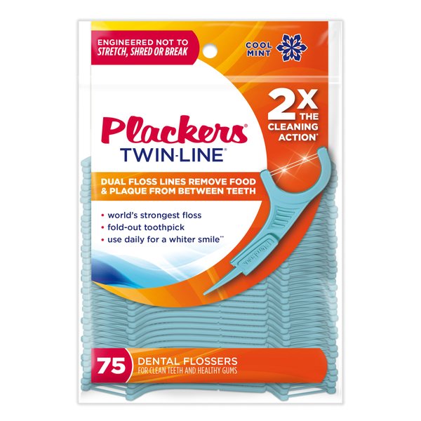Plackers 303290518 Twin Line Whitening Floss Picks, Blue, 75 Count (Pack of 4)