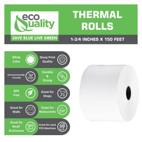 [5 Pack] EcoQuality Thermal Cash Register Rolls 1-3/4 in x 150 ft. Guaranteed to work efficiently with your machines printer head - Easy to Replace Thermal Rolls (44MM x 150FT)
