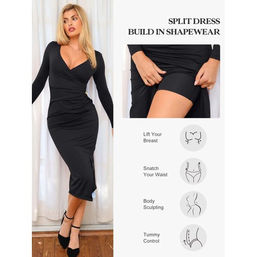 Popilush Ruched Dresses with Build in Shapewear V Neck Formal Dresses for Women Bodycon Midi Dress for Wedding Guest