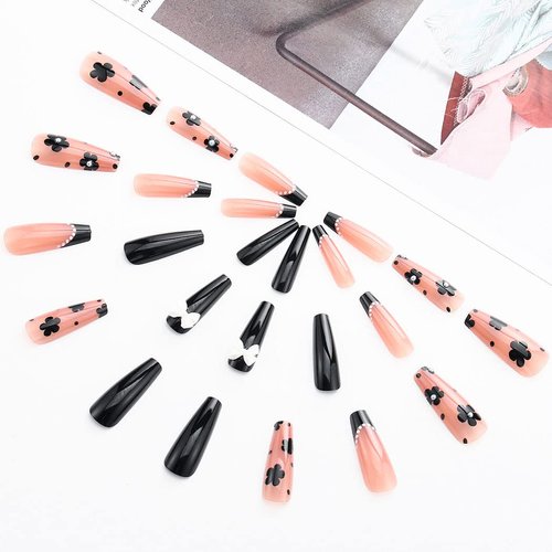 Aksod Cute Long Coffin Press on Nails Black Glossy Fake Nails Design Flower Bow French False Nails Tips Ballerina Full Cover Halloween Artificial Stick on Nails for Women and Girls 24Pcs (Style C)