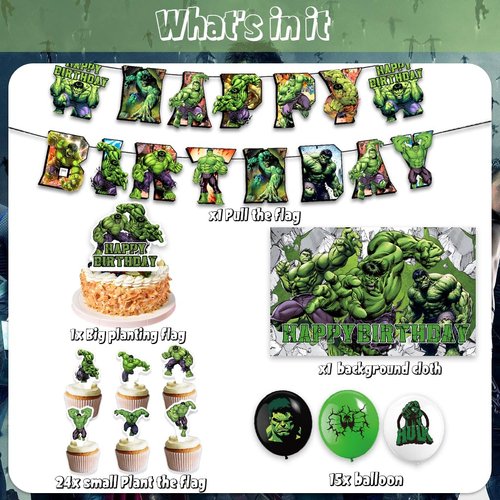 42pcs Hulks Birthday Party Supplies Pack Includes，Banner，Cake Topper，Blackdrop,Balloons for Hulks party Decoration