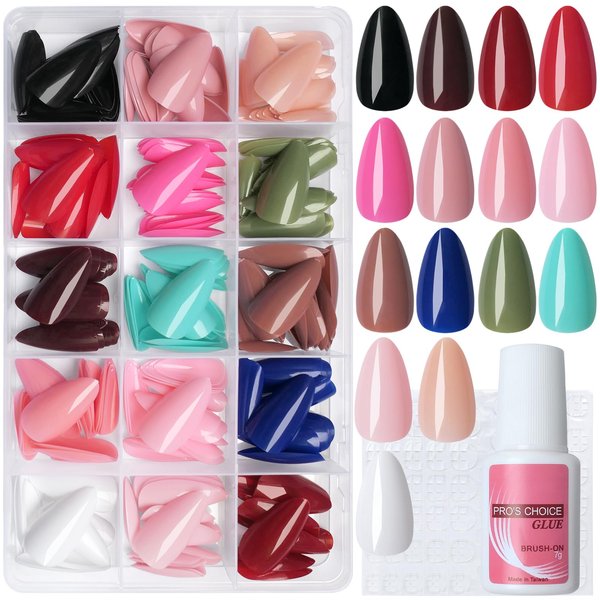 EternalClassic Almond Press on Nails Medium, 360pcs Press on Nails Almond Fake Nails Glossy Acrylic False Nail Tips 15 Colors Glue on Nails with Adhesive Tabs for Women Girls