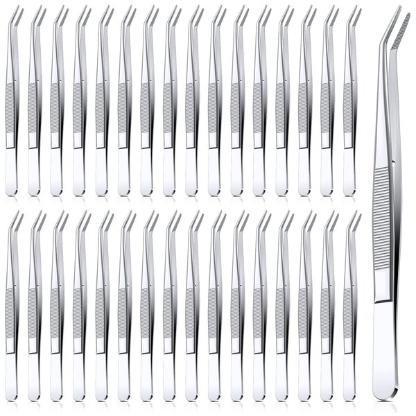 Stainless Steel Tweezers with Curved Serrated Tip Multipurpose Tweezers Sewing Machine Tweezers Forceps Tweezers for Craft, Silver (32)