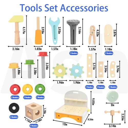 HTWELL Kids Tool Bench,Montessori Tool Set,Wooden Toy Tool Kit for Toddles,Montessori STEM Educational Pretend Play Construction Toy for 3 4 5 6 Years Old Boys Girls