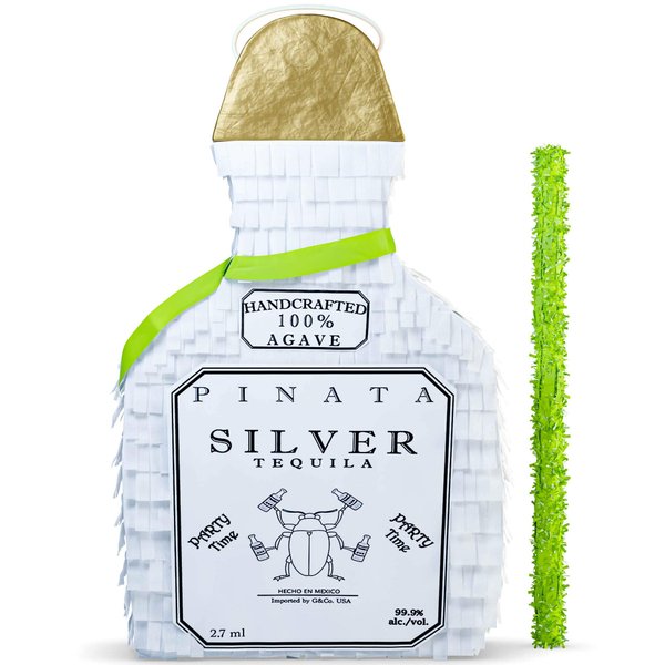 White Tequila Bottle Piñata with Stick - 17.5" x 10.5" x 3.5" Perfect for Party Decorations, Photo Prop, Birthday, Funny Anniversary, 21 birthday - Fits candy/favors