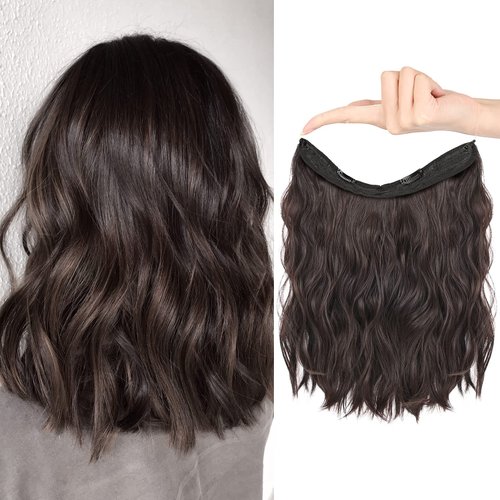 HOOJIH Invisible Wire Hair Extensions 2 Ways Adjustable Headband Size Curly Wavy Invisible Short Wire Hairpiece 12 Inch 90 Gram for Women -Dark Brown