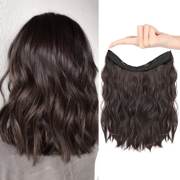 HOOJIH Invisible Wire Hair Extensions 2 Ways Adjustable Headband Size Curly Wavy Invisible Short Wire Hairpiece 12 Inch 90 Gram for Women -Dark Brown