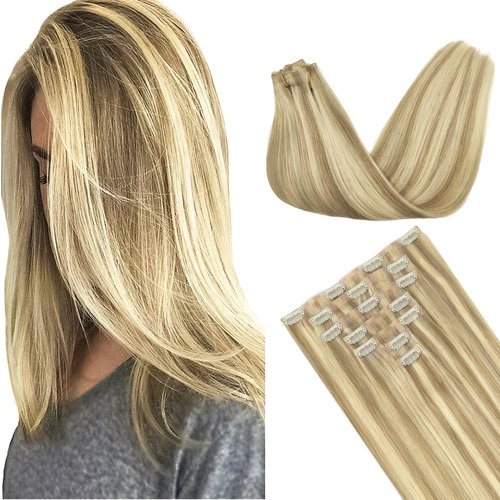 GOO GOO Clip in Hair Extensions Real Human Hair, 16inch 130g 7Pcs, 16/22 Light Blonde Highlighted Golden Blonde, Remy Human Hair Extensions Clip ins for Women, Natural Human Hair