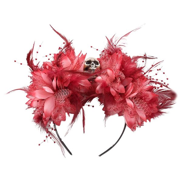 Lurrose Halloween Costume Headbands Flower Feather Skull Day of the Dead Headpiece Mexican Flower Crown Dia de Los Muertos Rose Headpiece Hair Hoops for Halloween Cosplay Masquerade