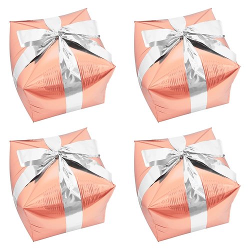 Deermon Gold Rose Square Cube Present Shape Gift Box Party Decoration Balloon With Silver Ribbon, Pretty Party Gifts Foil Balloons For Wedding Birthday Baby Shower Christmas New Year Party Supplies