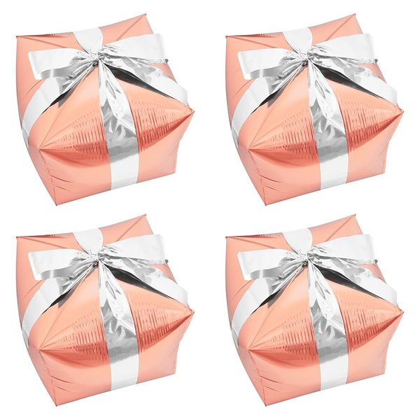 Deermon Gold Rose Square Cube Present Shape Gift Box Party Decoration Balloon With Silver Ribbon, Pretty Party Gifts Foil Balloons For Wedding Birthday Baby Shower Christmas New Year Party Supplies