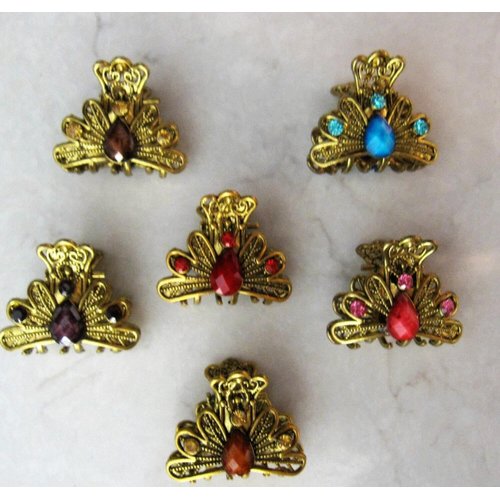 Generic small mini metal jeweled antique bronze hair claw clip Set F (Primary color: Pink), 1 Count (Pack of 1)