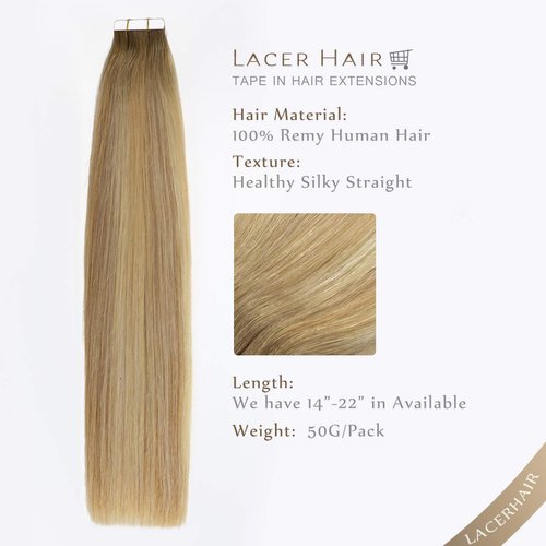 Lacer Tape in Hair Extensions Human Hair 14 Inch Natural Weft #8 Light Brown Fading to #12 Light Brown with #60 Platinum Blonde Double Sided Extensions Human Hair 50g 20pcs