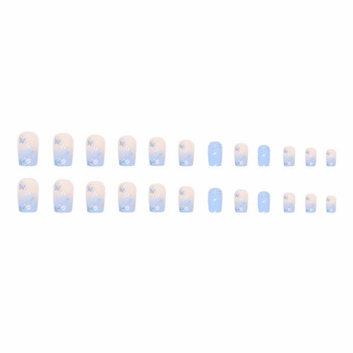 MISUD Short Square Press on Nails Squoval Fake Nails Glossy Glue on Nails Blue Gradient Acrylic Nails Spring Butterfly Artificial Nails Summer Bling Glitter Stick on False Nails with Design 24 pcs