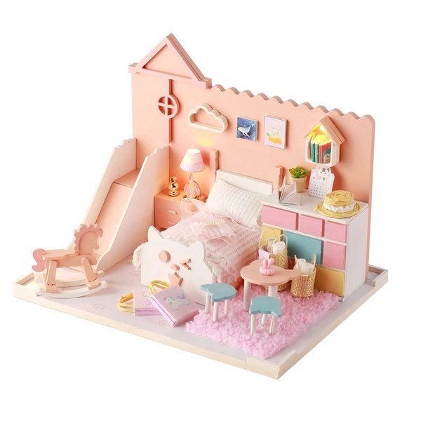Miniature House Kit, Dollhouse Miniature with Furniture, DIY Wooden Dollhouse Kit Plus Dust Proof, Creative Room Idea, Wooden Mini Doll House Accessories with Furniture for Kids
