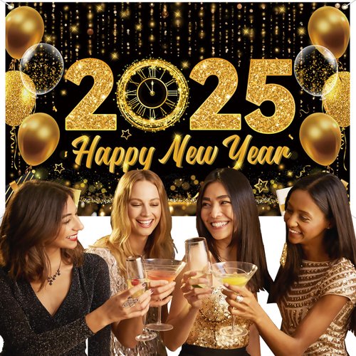 Happy New Year Backdrop New Year Party Banner Decorations Gold Balloons Happy New Year's Eve Banner Happy New Years Party Supplies 70.8 x 43.3 Inch