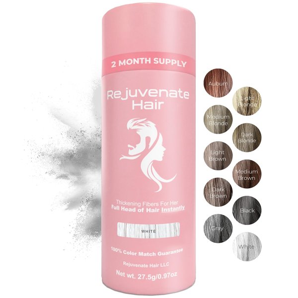 REJUVENATE Hair Fibers for Thinning Hair (White), Undetectable Hair Powder for Women & 100% Natural Hair Building Fibers - Conceals Hair Loss - Bald Spot Cover Up Hair Powder, 2 Month Supply