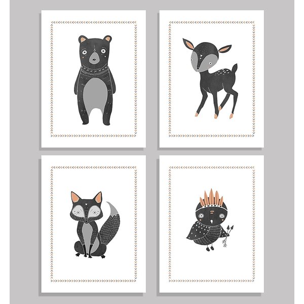 Children's Wall Art Prints, Boho Woodland Animal Collection, Set of Four 16x20 Inch Print, Forest Nursery, Gender Neutral Nursery Decor, Bear, Deer, Owl, Fox, Woodland Nursery, Kids Room