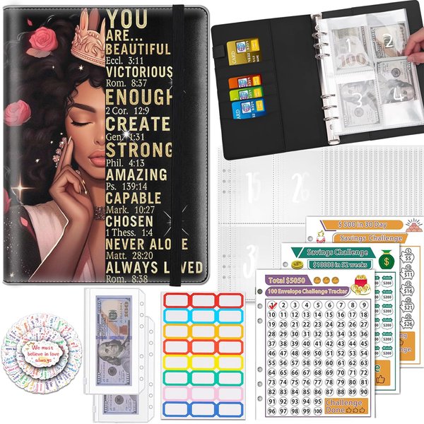 100 Envelopes Money Saving Challenge Binder, A5 Budget Binder with 25 pcs Cash Envelopes, 3 pcs Reusable Laminated Trackers Saving, Money Organizer，African American Women Queen Inspirational