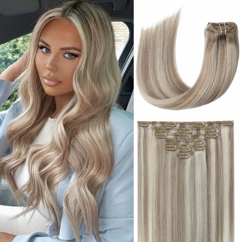 EYEFULL STELL Clip in Real Human Hair Extensions 22inch 120g 7PCS Remy Ash Blonde Highlighted Platinum Blonde Natural Straight Long Clip ins Human Hair Extensions Invisible Double Weft Clip on Hair
