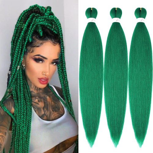Pre-Stretched Braiding Hair Extensions Green Braiding hair 32 inch 3 Packs Synthetic Crochet Braids, Hot Water Setting Professional Soft Yaki Texture. (32inch(3Packs),Green#)