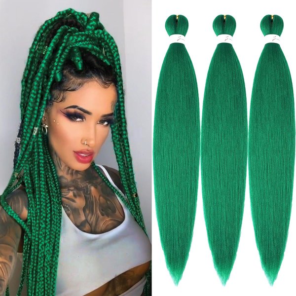 Pre-Stretched Braiding Hair Extensions Green Braiding hair 32 inch 3 Packs Synthetic Crochet Braids, Hot Water Setting Professional Soft Yaki Texture. (32inch(3Packs),Green#)
