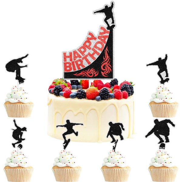 7pcs Skate Cake Toppers of Set Skateboard Theme Sports Lover Happy Birthday, Teen Skateboard Theme Party, Sports Theme Party, or Birthday Party Decoration Supplies for Boys and Girls. LIANGSS
