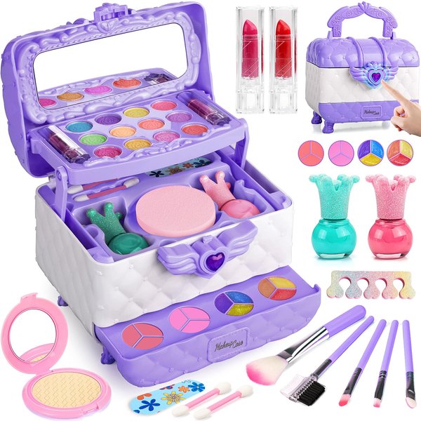 FunMission Kids Makeup Set for Girl, Real Washable Cosmetic Children's Toy Makeup Box Set with Mirror, Gentle & Skin-Friendly Princess Dress Up Kit, 40 Pcs, Present for Ages 3+ (Purple)